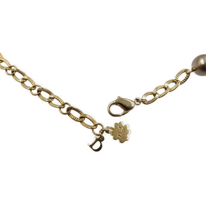 Christian Dior Pearl Chain Metal Faux Pearl Gold White Brown Necklace 0088