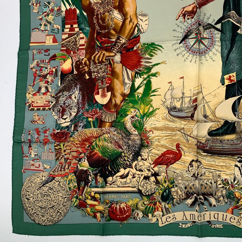 Hermes Carre 90 Les Ameriques Americas Columbus Scarf Green