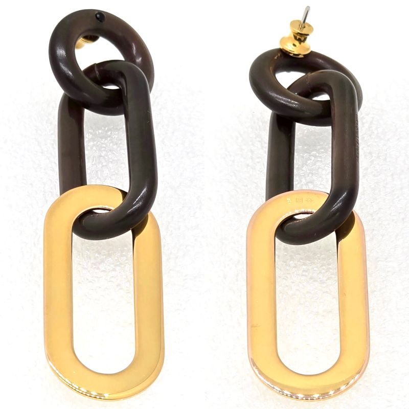 Hermes Buffalo Horn Metal Earrings Binaural Dark Brown Color Gold-tone Metal Box