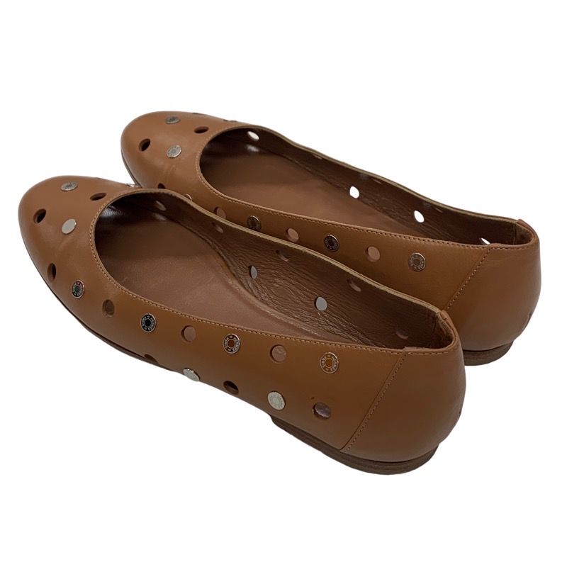 Hermes Flat Shoes Leather Brown Silver Punching Serie Button