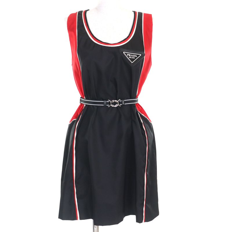 Prada 230623 Triangle Logo Leather Re-nylon Sleeveless Dress Black Red 36 Made