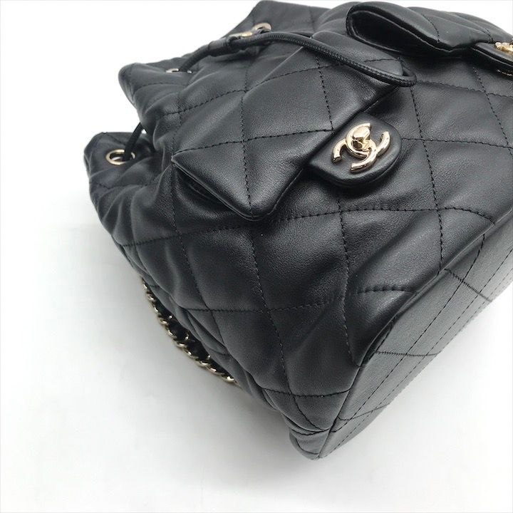 Chanel Quilted Lambskin CC Logo Drawstring Chain Backpack Pack Black