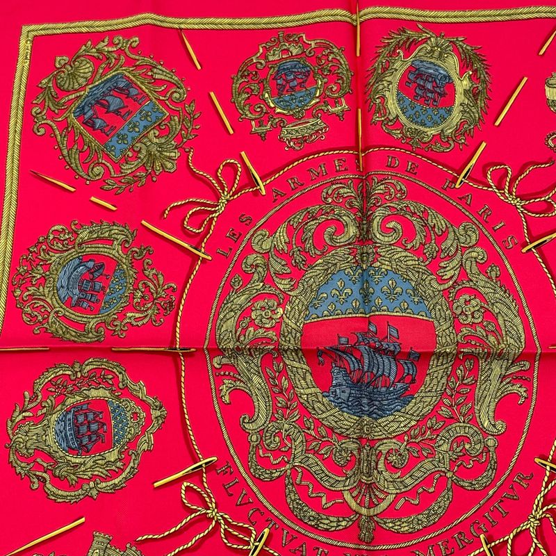 Hermes Les Armes De Paris Coat Of Arms Scarf Silk Red Multicolor