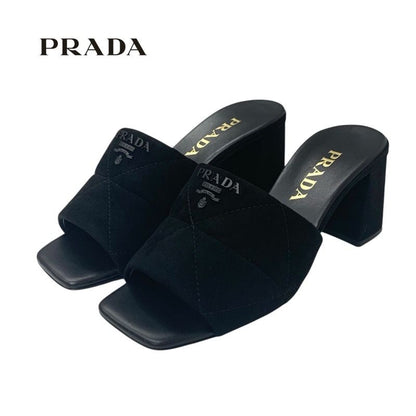 Prada Sandals Shoes Suede Leather Black Unused Logo Velvet Mules