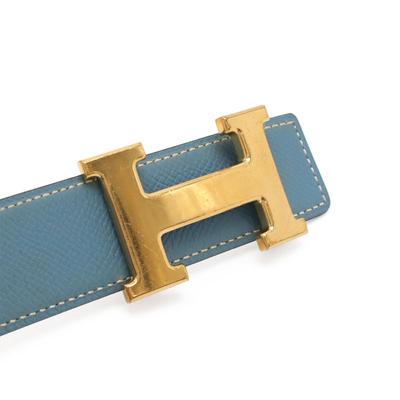 Hermes H Belt H Buckle Reversible Togo Leather Blue Jean Light Blue White Gold