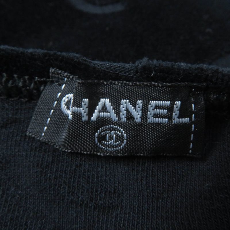 CHANEL Vintage 96P Cotton Coco Mark Design Velour Short Sleeve Top Black 40