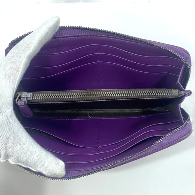 Bottega Veneta L Shaped Zipper Long Wallet In Purple Intrecciato Excellent