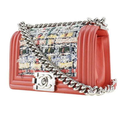Chanel Boy Chanel Chain Shoulder Tweed And Calf Red Ladies Shoulder Bag
