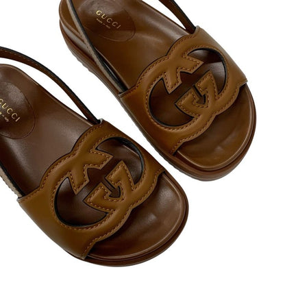 Gucci Sandals Shoes Leather Brown Logo Velcro
