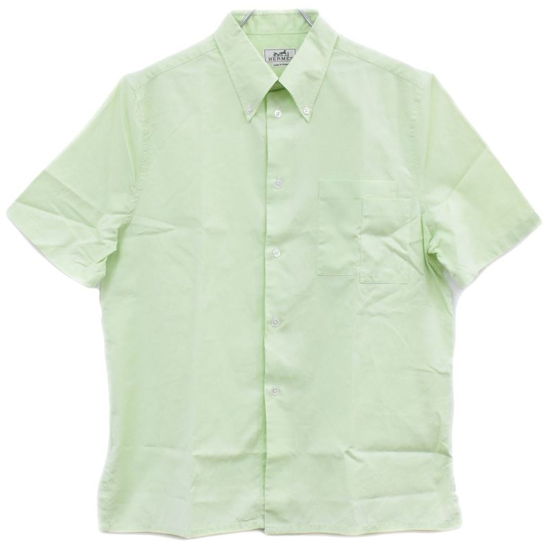 Authentic Hermes Cotton Shirt Short Sleeve Tops Lime Green Men's Clothing