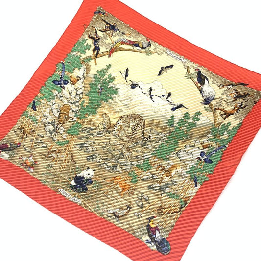 Hermes Pleated Sichlian Sichuan Sicilian Animal Scarf 100% Silk Orange