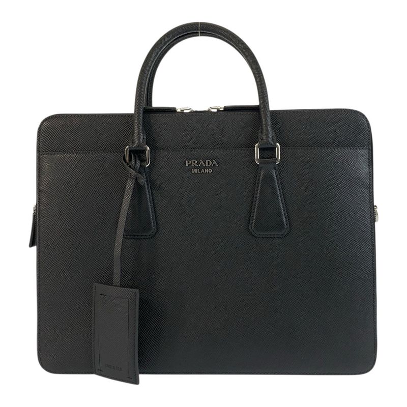 Prada Saffiano Black Silver Hardware Leather Business Bag Briefcase Men 505510