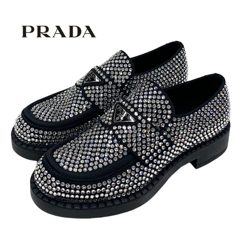 Prada Loafers Leather Shoes Satin Black Crystal Rhinestone Logo Plate Men's