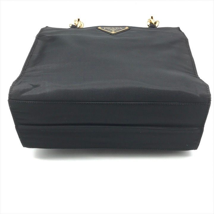 Prada Triangle Logo Nylon Tessuto Metal Handle Hand Bag Black Gold