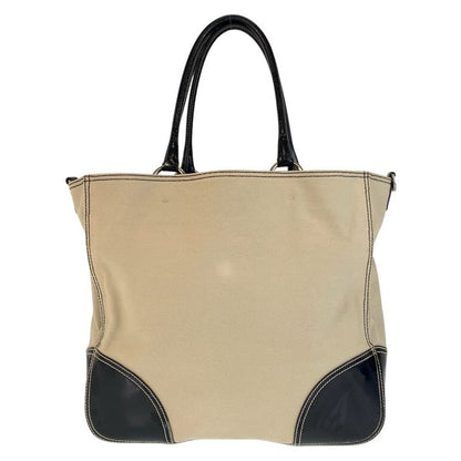 Prada Triangle Logo Plate Beige Black Silver Hardware Canvas/enamel Tote Bag