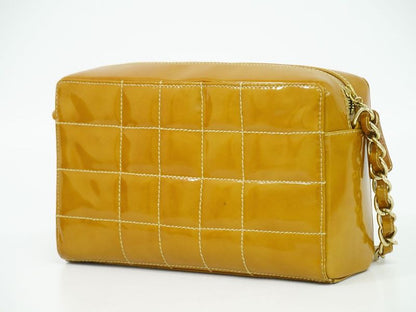 Authentic Chanel Coco Mark Chocolate Bar Chain Handbag Patent Leather Beige