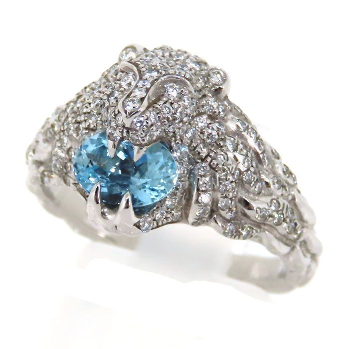 Gucci Lion Head Aquamarine Diamond Ring 18K White Gold 750 White Gold Diamond