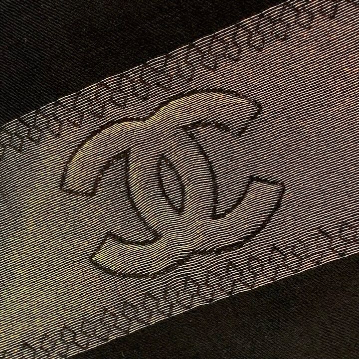 Chanel CC Logo Silk Large Shawl Scarf Pashmina Black Gold