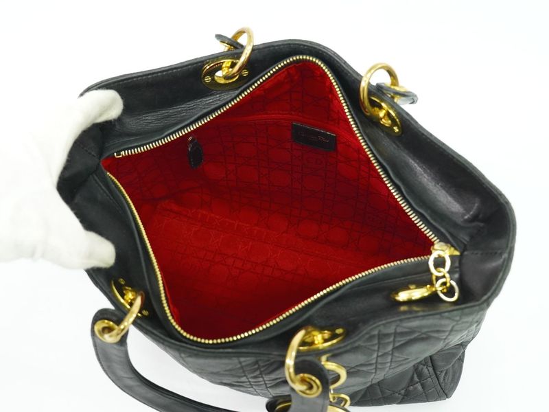 Authentic Christian DIOR Lady Dior Cannage Handbag Leather Black Lady Dior Bag