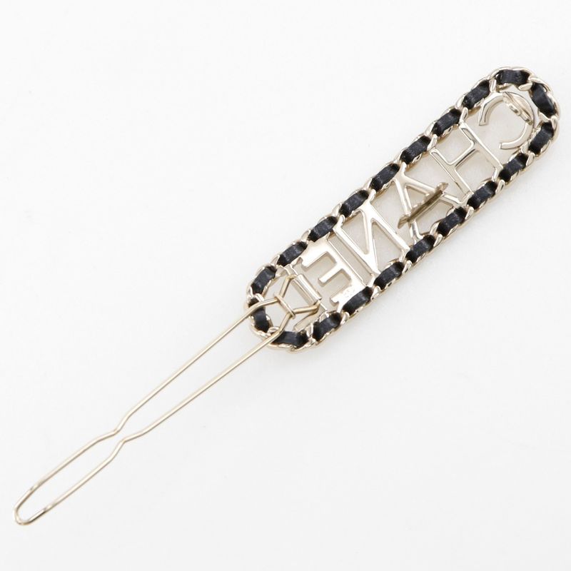 Chanel Logo Chain Barrette Leather X Gold Plated Black B20V Ladies Barrette