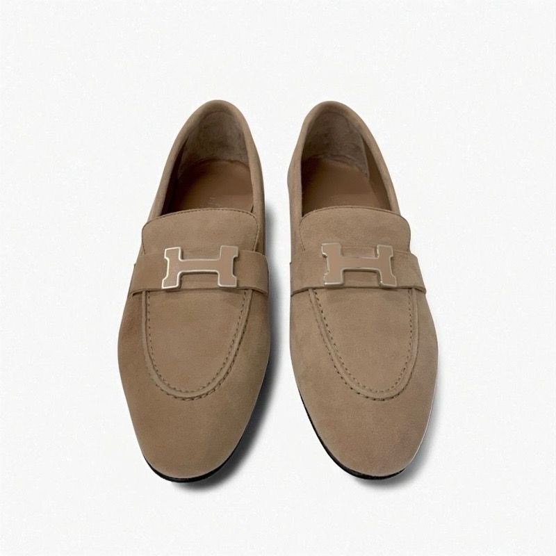 Hermes Paris Loafer Leather Shoes Suede Beige Unused Hhardware Moccasin Flat