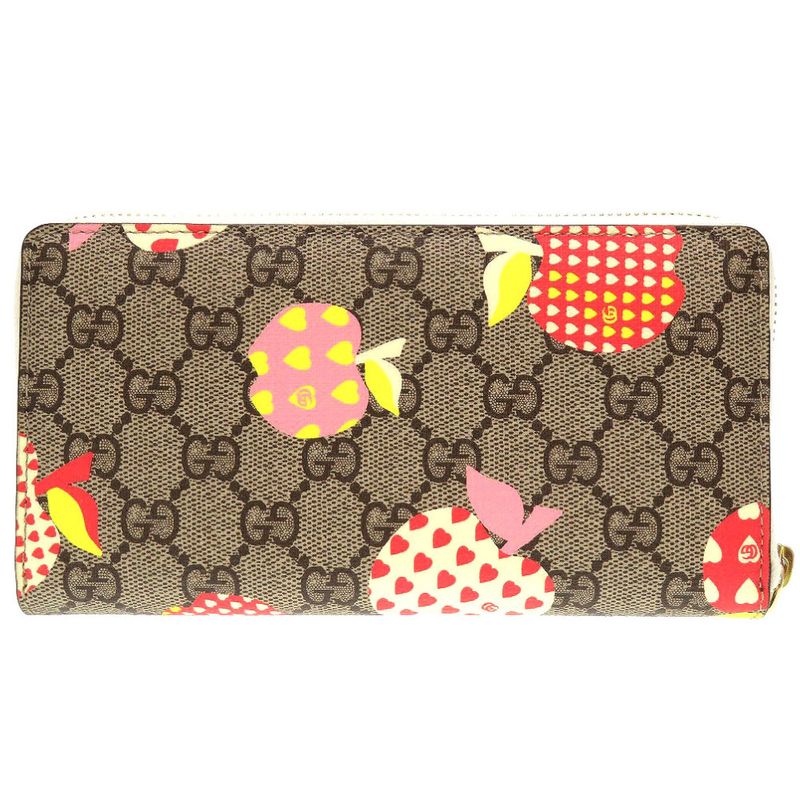 Gucci 663924 Apple Print GG Supreme Beige Round Zipper Long Wallet 0059 Gucci