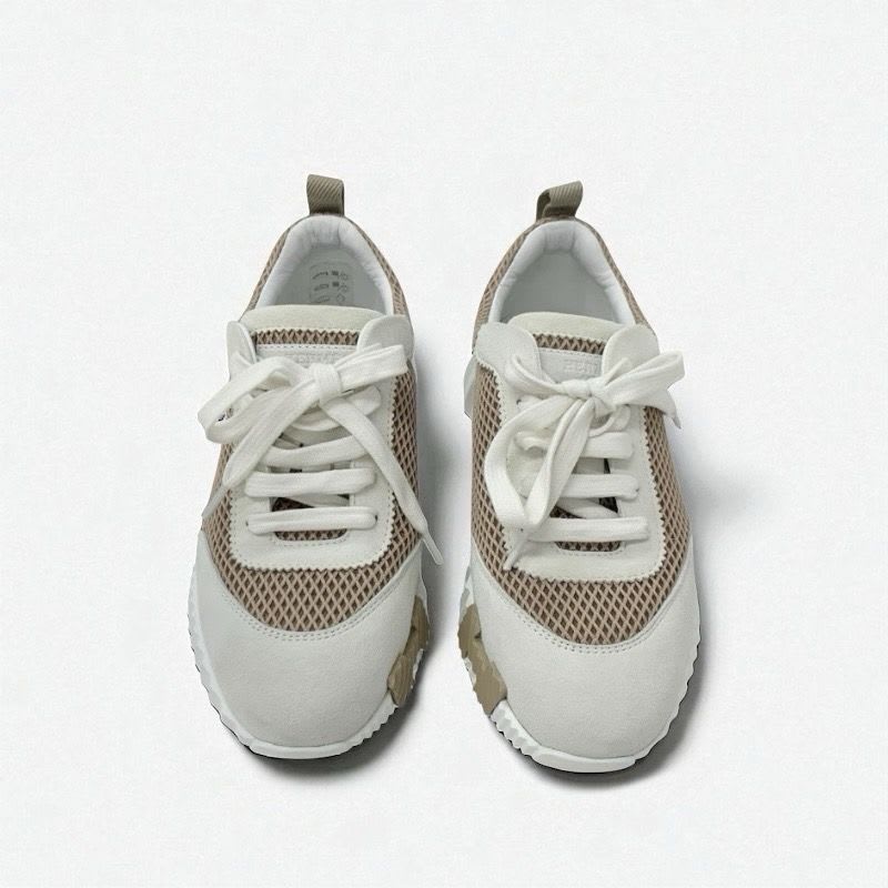 Hermes Bouncing Sneakers Shoes Suede Mesh Beige White