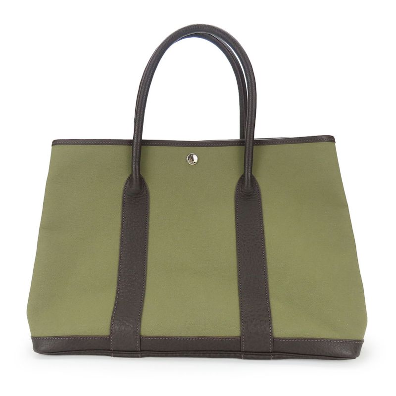 Hermes Tote Bag Garden Party PM Canvas Leather Khaki Brown Silver Hardware □F