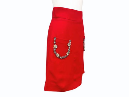 Miu Miu Bijou Pocket Flare Skirt Rayon Acetate Rhinestone Red 4 36 — view 3