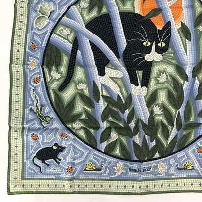 Hermes Carre 90 CAVE Felem Note The Cat Multicolor Scarf 100% Silk