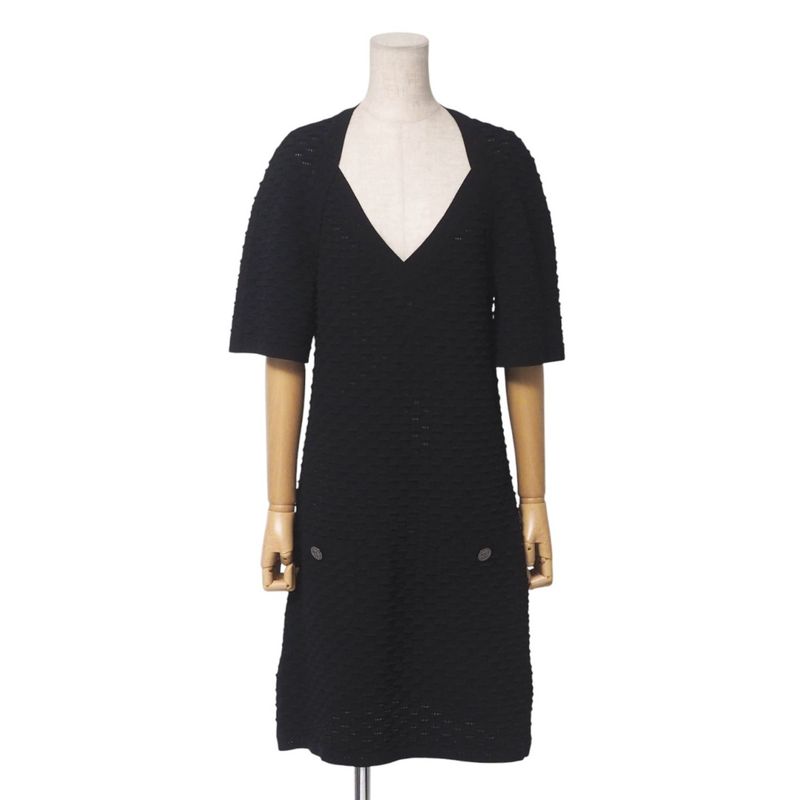 Chanel Dress Size 42 14P Knit Dress CC Logo Coco Mark Button Made In France