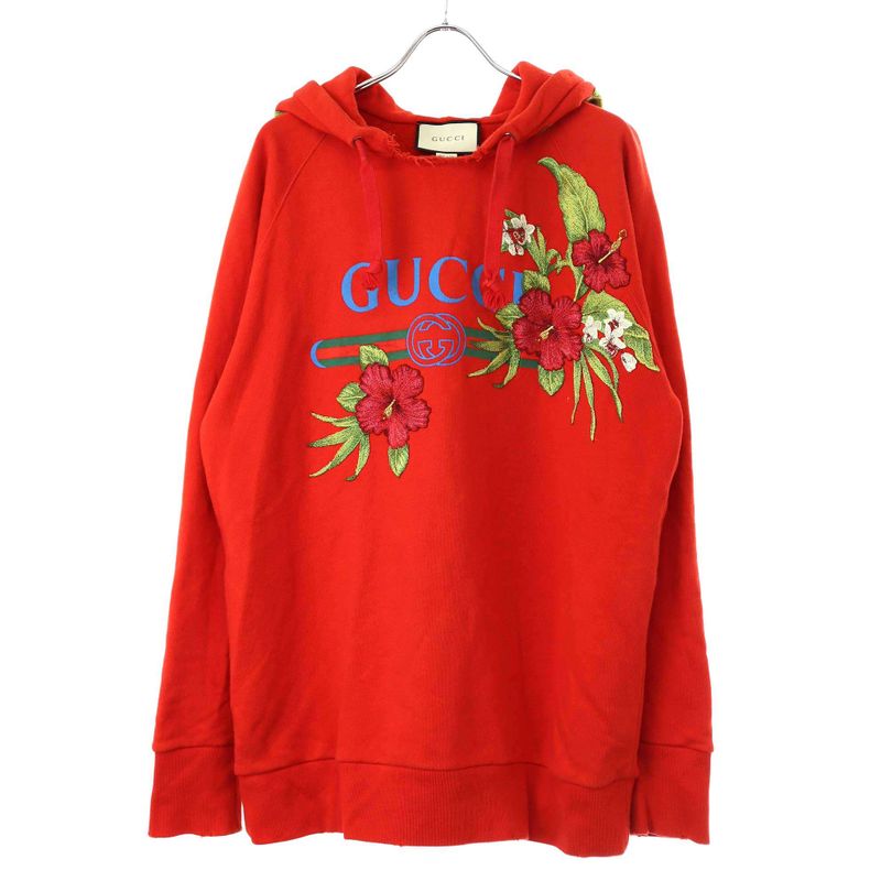 Gucci Vintage Logo Hibiscus Embroidery Oversize D Hoodie 457931 X5s77 Red L