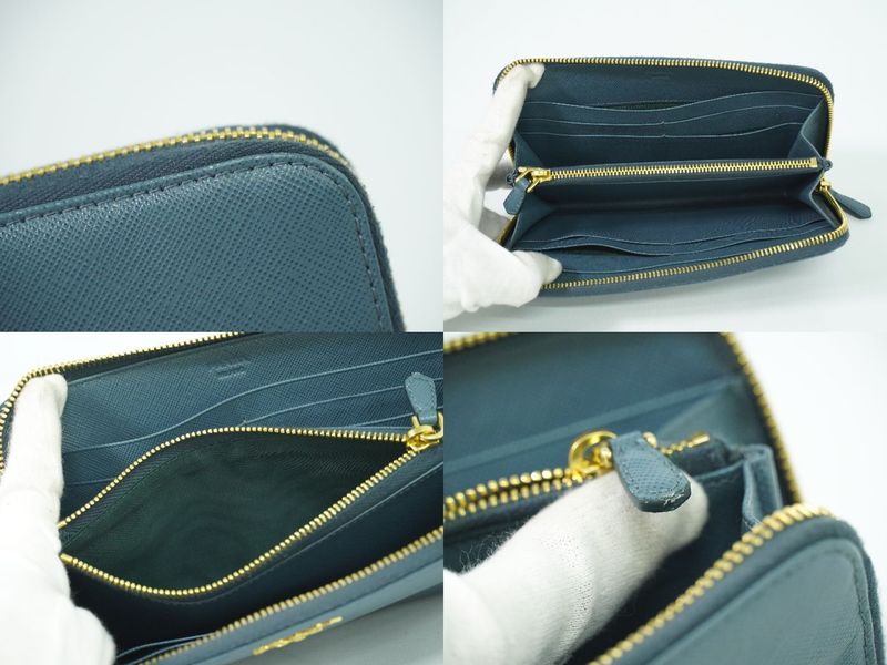 Authentic Prada Saffiano Leather Round Zipper Long Wallet Long Wallet Blue
