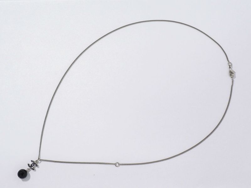 Authentic Chanel Coco Mark Necklace Pendant Metal Silver Hardware Black Coco