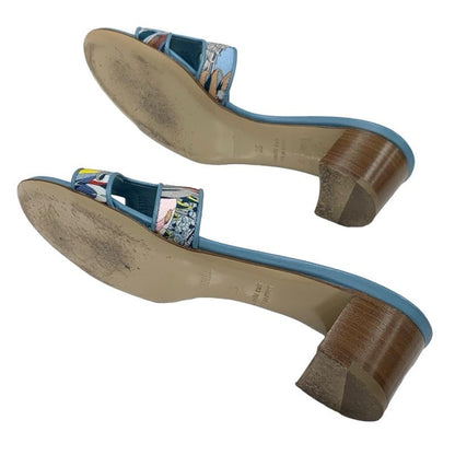 Hermes Oasis Sandals Shoes Canvas Leather Light Blue Multicolor Mule Pattern