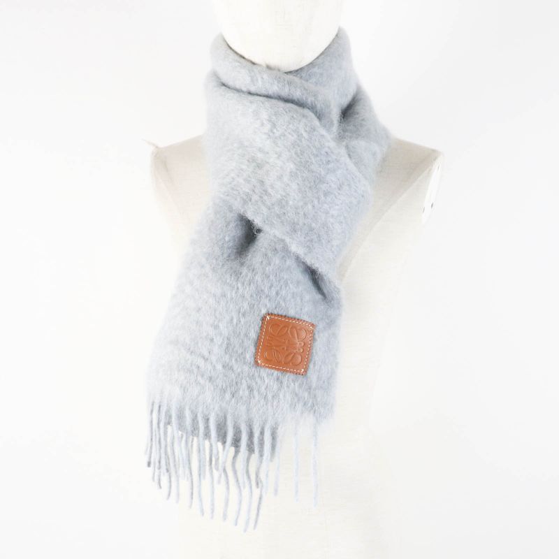 LOEWE Mohair Wool Anagram Leather Patch Fringed Scarf Gray Made In Spain