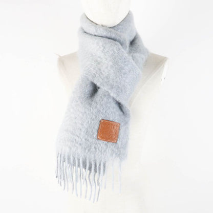 LOEWE Mohair Wool Anagram Leather Patch Fringed Scarf Gray Made In Spain