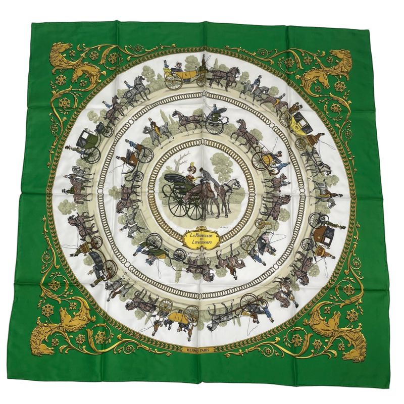 Hermes Scarf Silk Carre 90 LA Promenade DE Longchamps Walk To Ron Chien Green