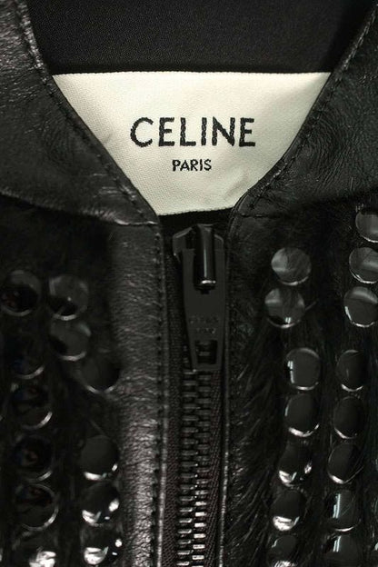 Celine 2e186437e Leather Switch Studded Embellished Rabbit Fur Blouson Women's