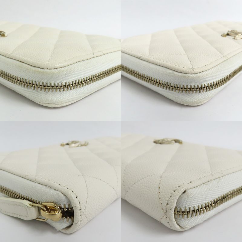 Chanel Long Zip Wallet Ap3337 Matelasse Caviar Skin White Gdhardware