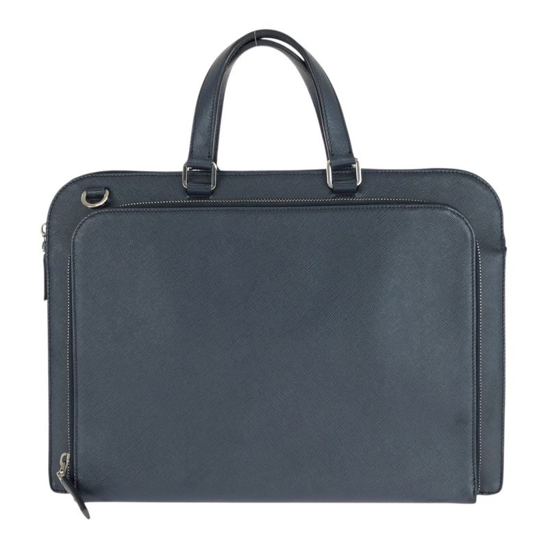 Prada Saffiano Triangle Logo Plate Navy Silver Hardware Leather Business Bag