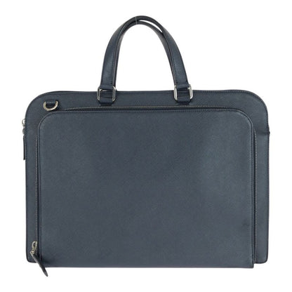 Prada Saffiano Triangle Logo Plate Navy Silver Hardware Leather Business Bag