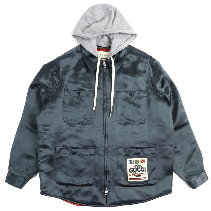 Gucci 604112 World WIDE Logo Patch Hooded Cotton Filled Zip-up Shirt Jacket
