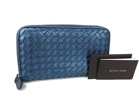 Bottega Veneta Intrecciato Leather Round Zipper Long Wallet Blue Fu2136