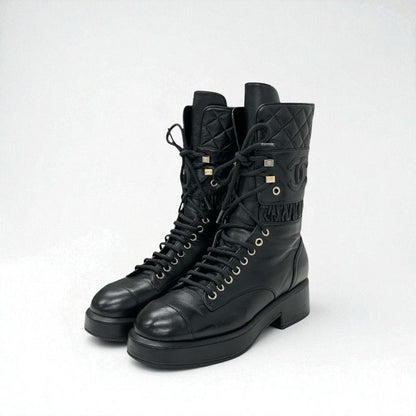 Chanel Boots Short Boots Shoes Leather Black Here Mark Matelasse Lace Up Middle