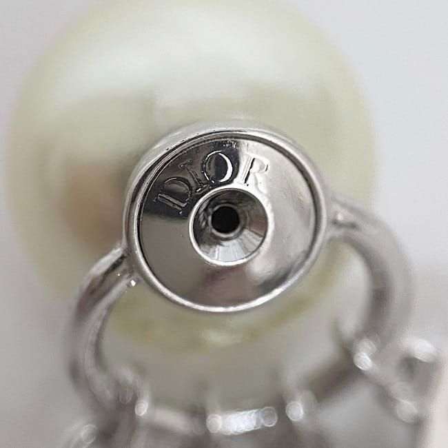 Christian Dior Logo Earrings Silver Pearl White Excellent Condition