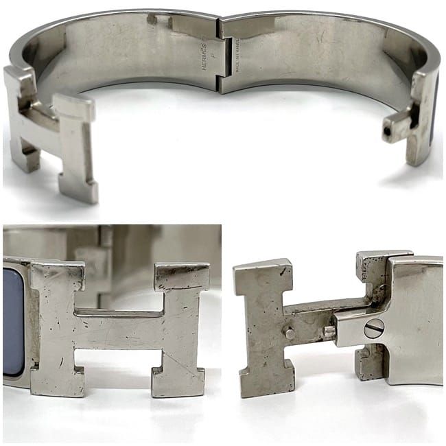 Hermes Bangle Click Clack Silver Light Blue Excellent Condition Metal