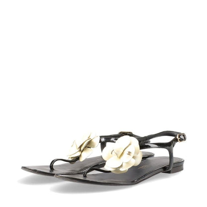 Chanel Coco Mark Camellia Patent Leather Sandals Women's 35C Black And Ivory