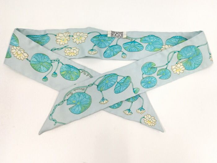 Hermes Twilly Scarf 100% Silk Lotus Flower Light Blue Multicolor