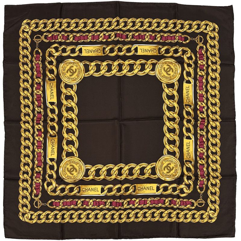Chanel Scarf Women's Brand Cambon Coco Mark Silk Brown Yellow Chain Gold Dark